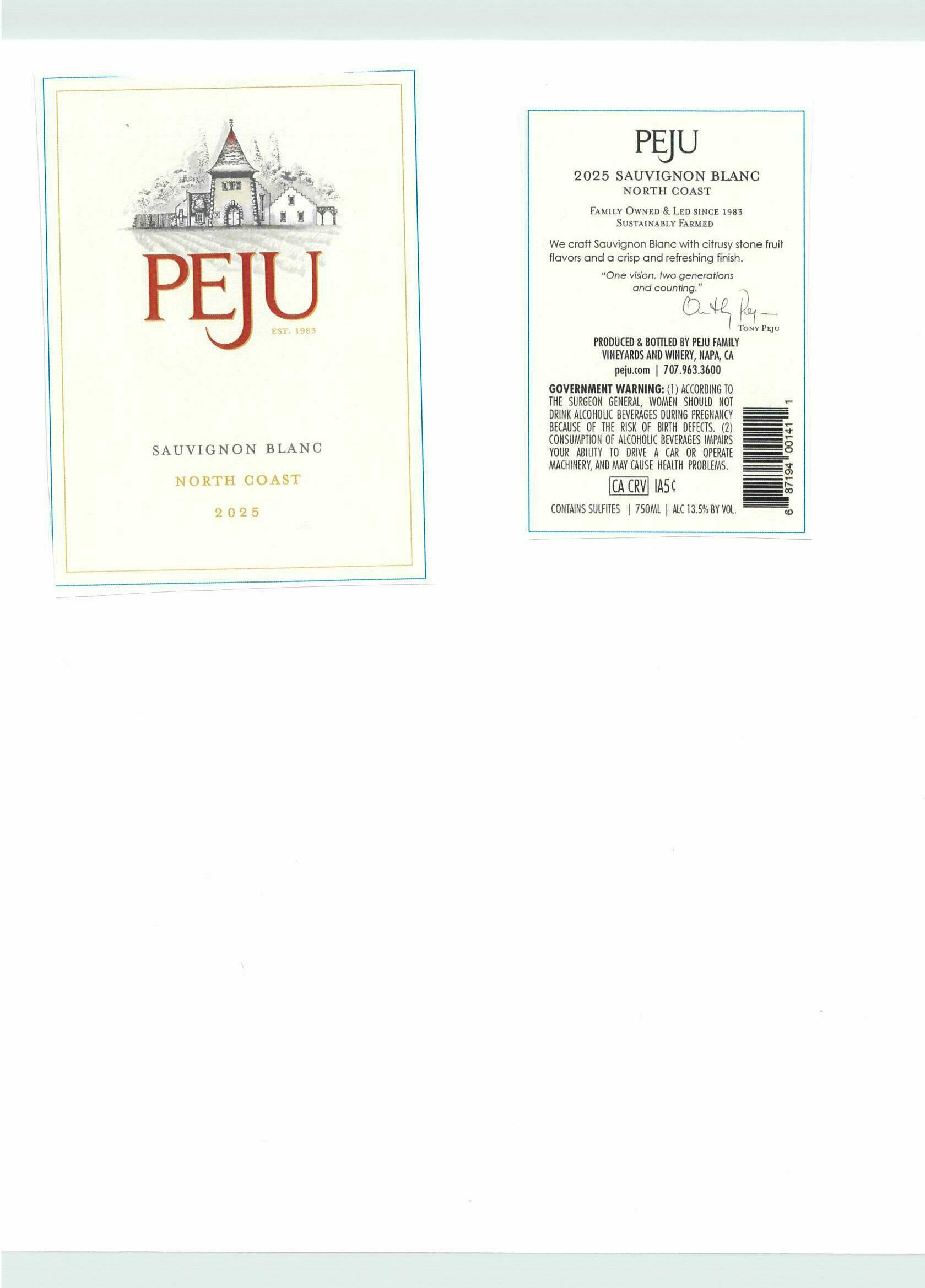 TABC label artwork for Peju Sauvignon Blanc North Coast