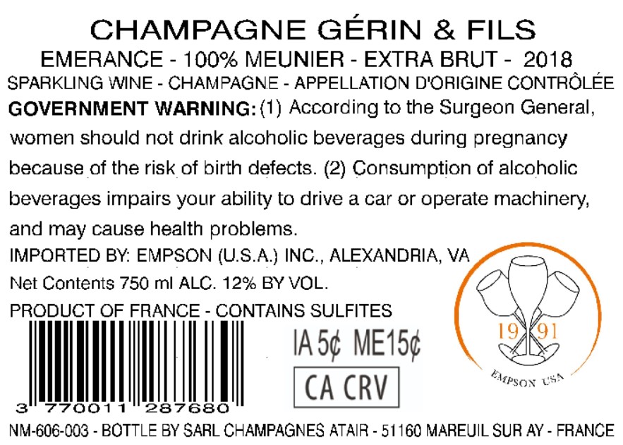 TABC label artwork for CHAMPAGNE GERIN & FILS CUVEE EMERANCE MEUNIER