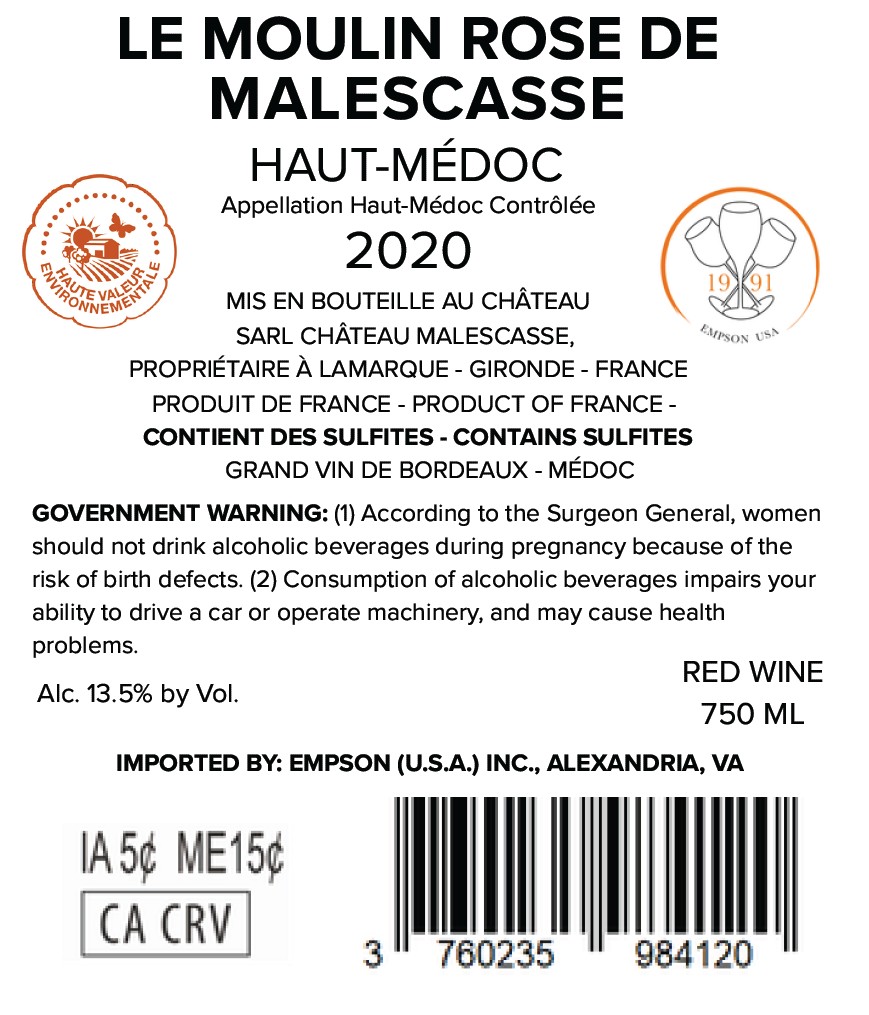 TABC label artwork for CHATEAU MALESCASSE LE MOULIN ROSE DE MALESCASSE RED