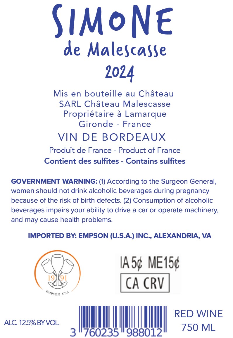 TABC label artwork for CHATEAU MALESCASSE SIMONE DE MALESCASSE RED