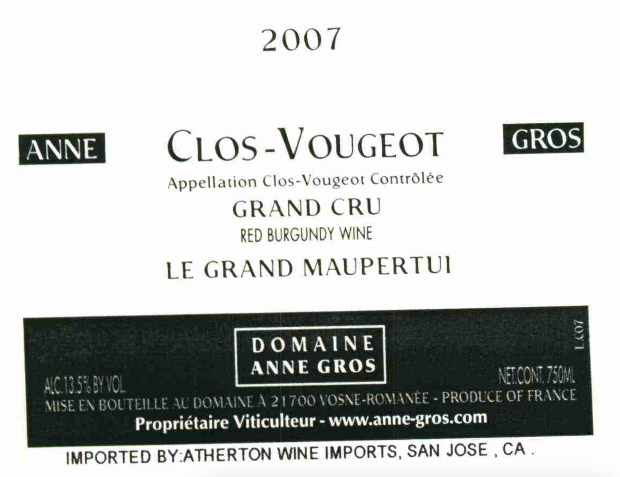 TABC label artwork for DOMAINE ANNE GROS CLOS VOUGEOT LE GRAND MAUPERTUI