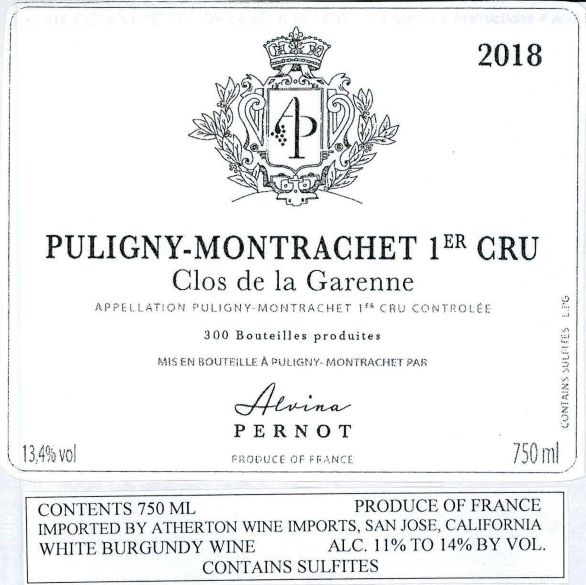 TABC label artwork for ALVINA PERNOT PULIGNY MONTRACHET CLOS DE LA GARENNE
