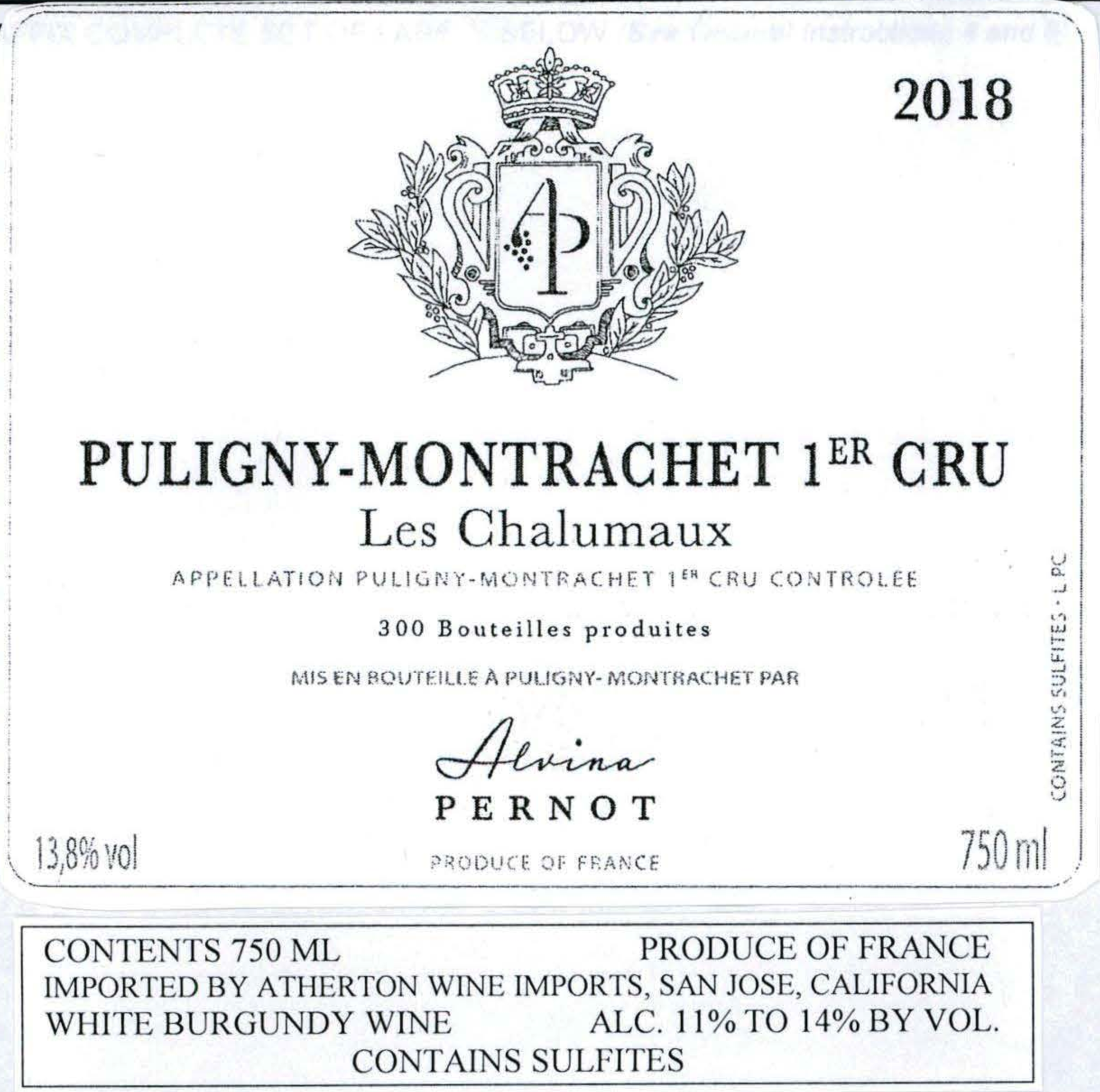 TABC label artwork for ALVINA PERNOT PULIGNY-MONTRACHET LES CHALUMAUX