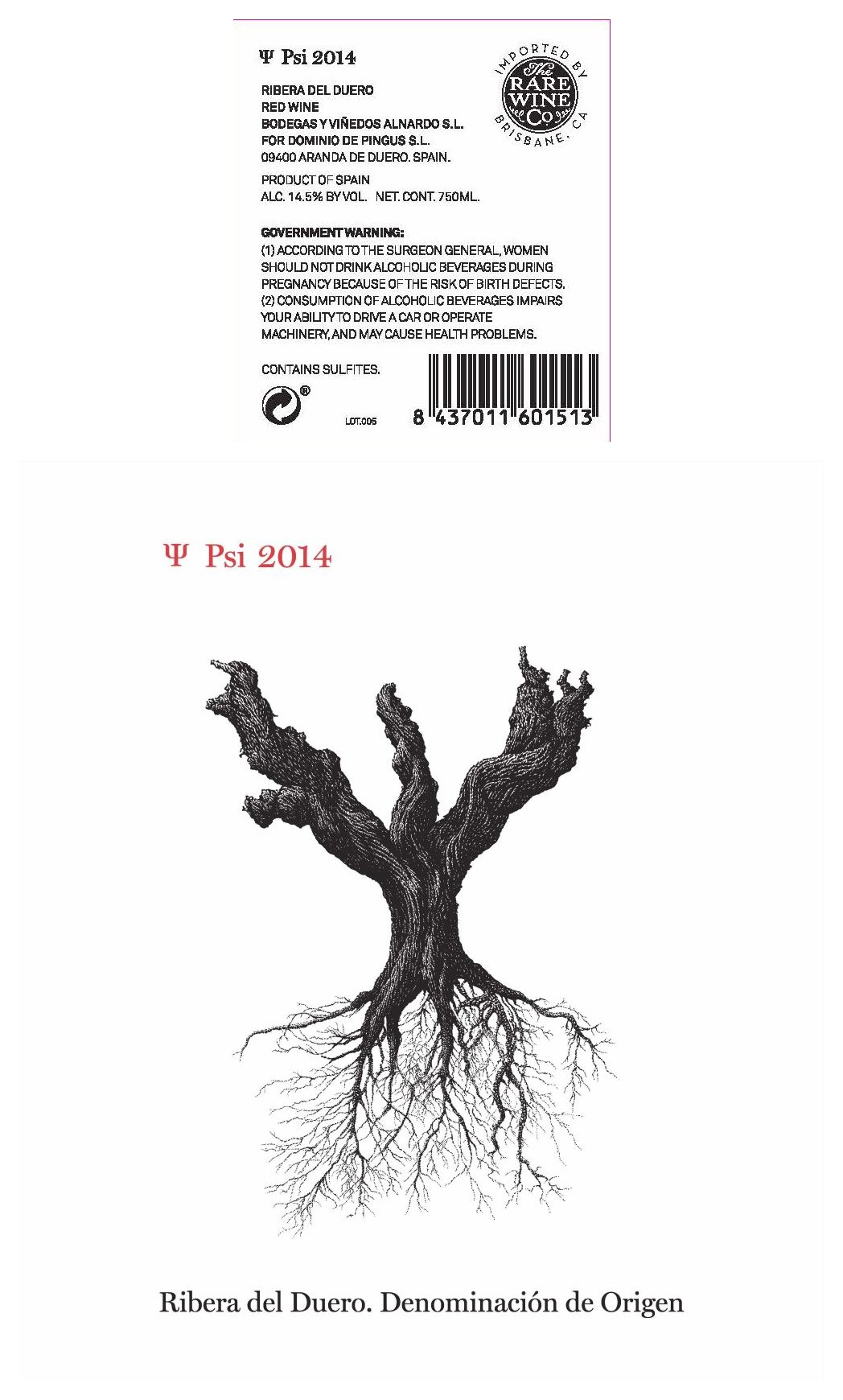 TABC label artwork for PSI Pingus Ribera del Duero