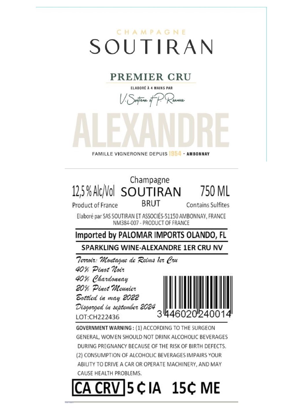 TABC label artwork for Soutiran Champagne Cuvee Alexandre Premier Cru