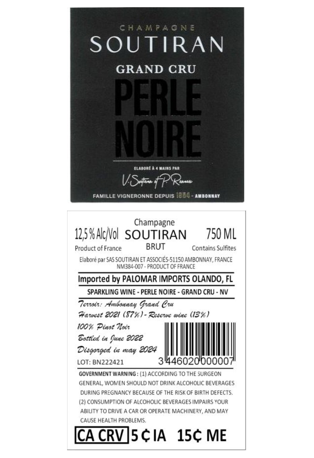 TABC label artwork for Soutiran Perle Noir Champagne Grand Cru