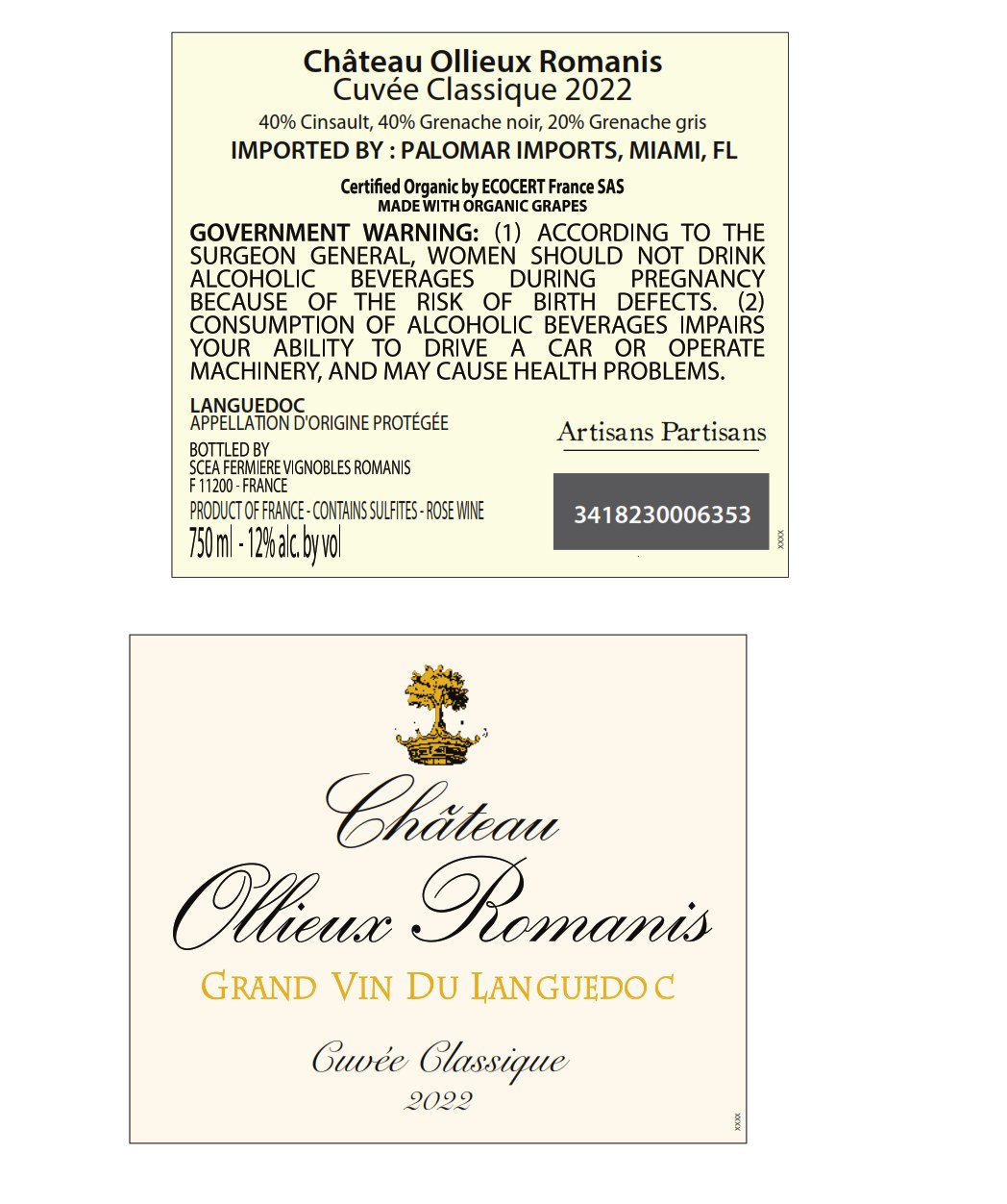TABC label artwork for Chateau Ollieux Romanis Racine Rose Languedoc