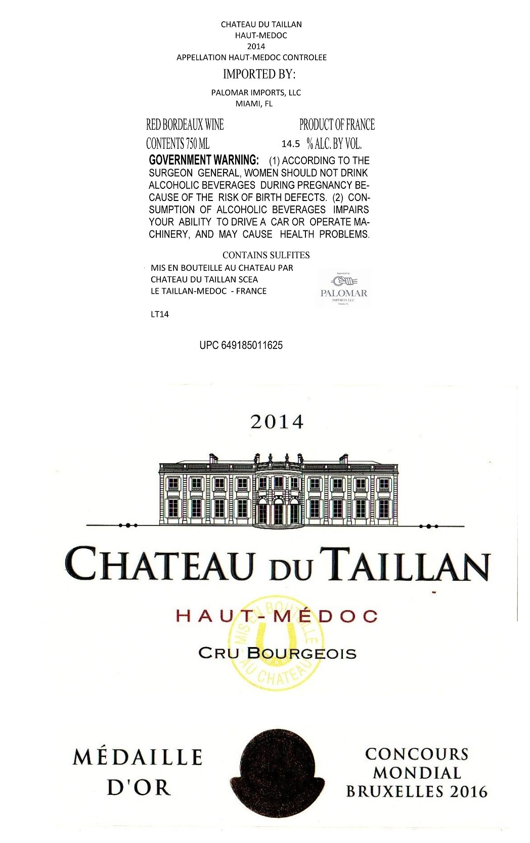 TABC label artwork for Chateau Du Taillan Haut Medoc