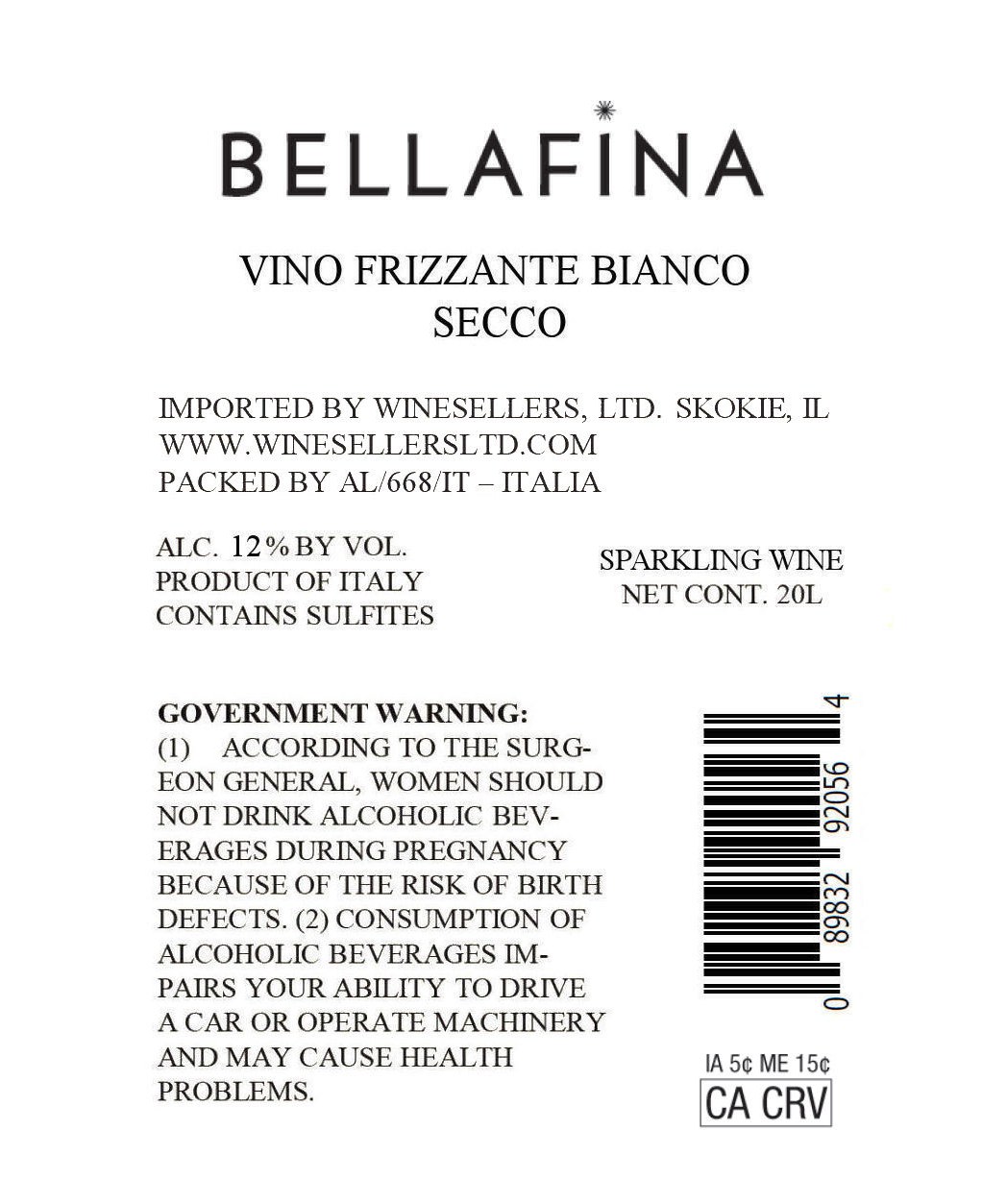 TABC label artwork for Bellafina Prosecco Frizzante
