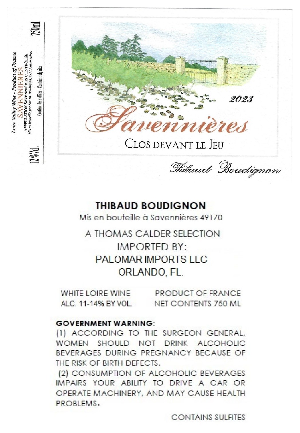 TABC label artwork for Thibaud Boudignon Savennieres Clos Devant Le Jeu