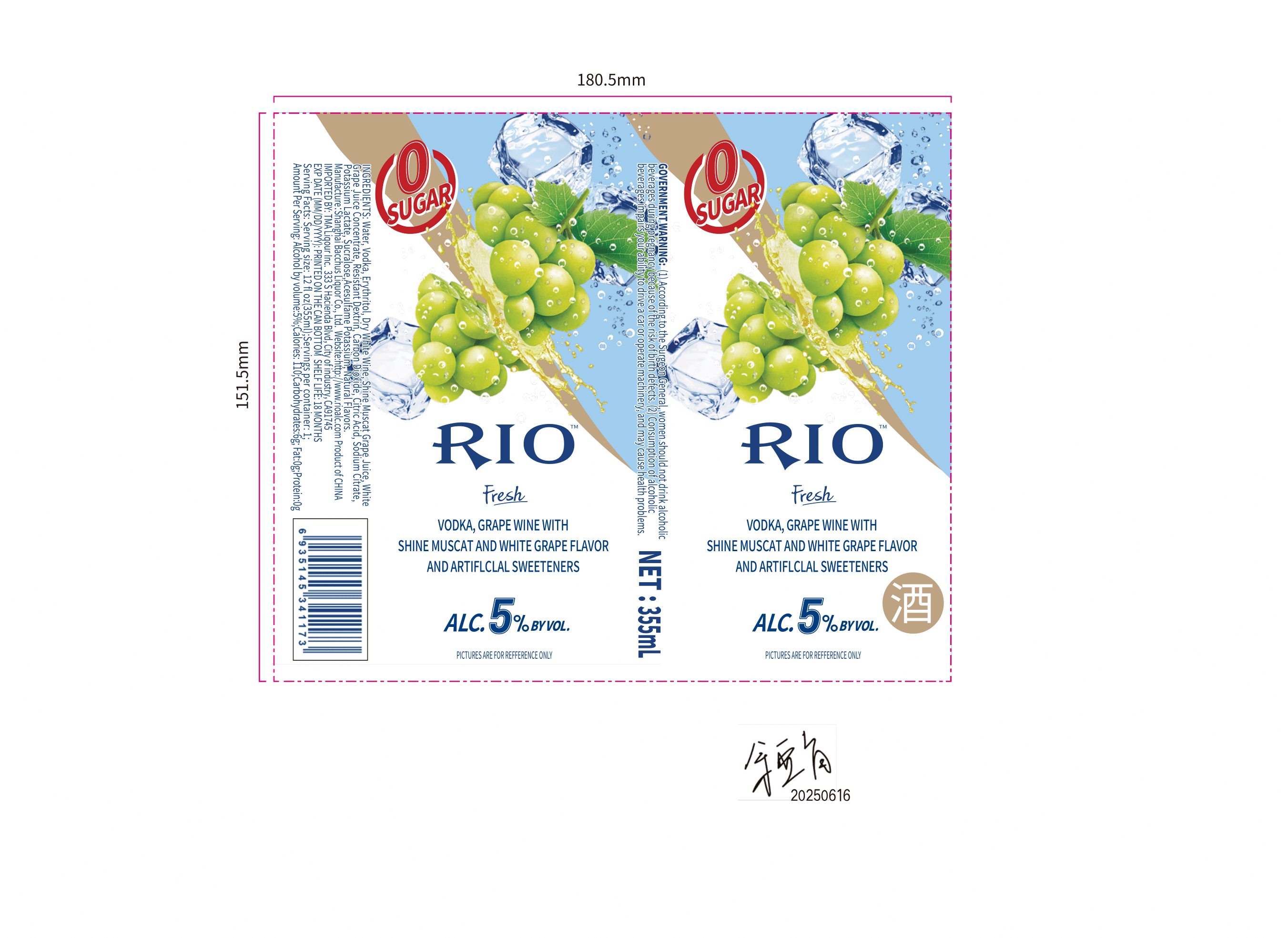 TABC label artwork for RIO Fresh 5%VOL SUGAR FREE SHINE MUSCAT GRAPE & VODKA FLAVOURED SPARKLING COCKTAIL