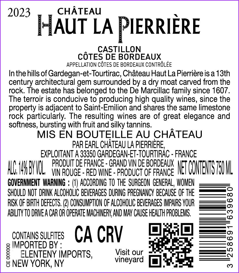 TABC label artwork for Chateau Haut La Pierriere Castillon Cotes de Bordeaux