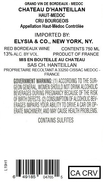 TABC label artwork for Chateau D'Hanteillan Haut Medoc Cru Bourgeois
