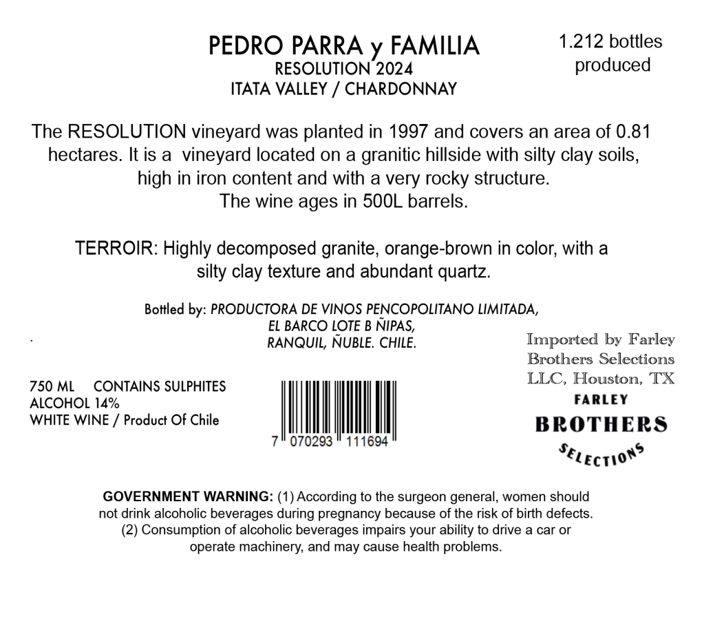 TABC label artwork for PEDRO PARRA RESOLUTION CHARDONNAY ITATA VALLEY