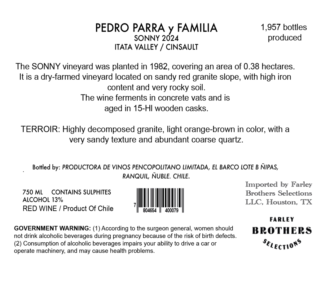 TABC label artwork for PEDRO PARRA SONNY CINSAULT ITATA VALLEY