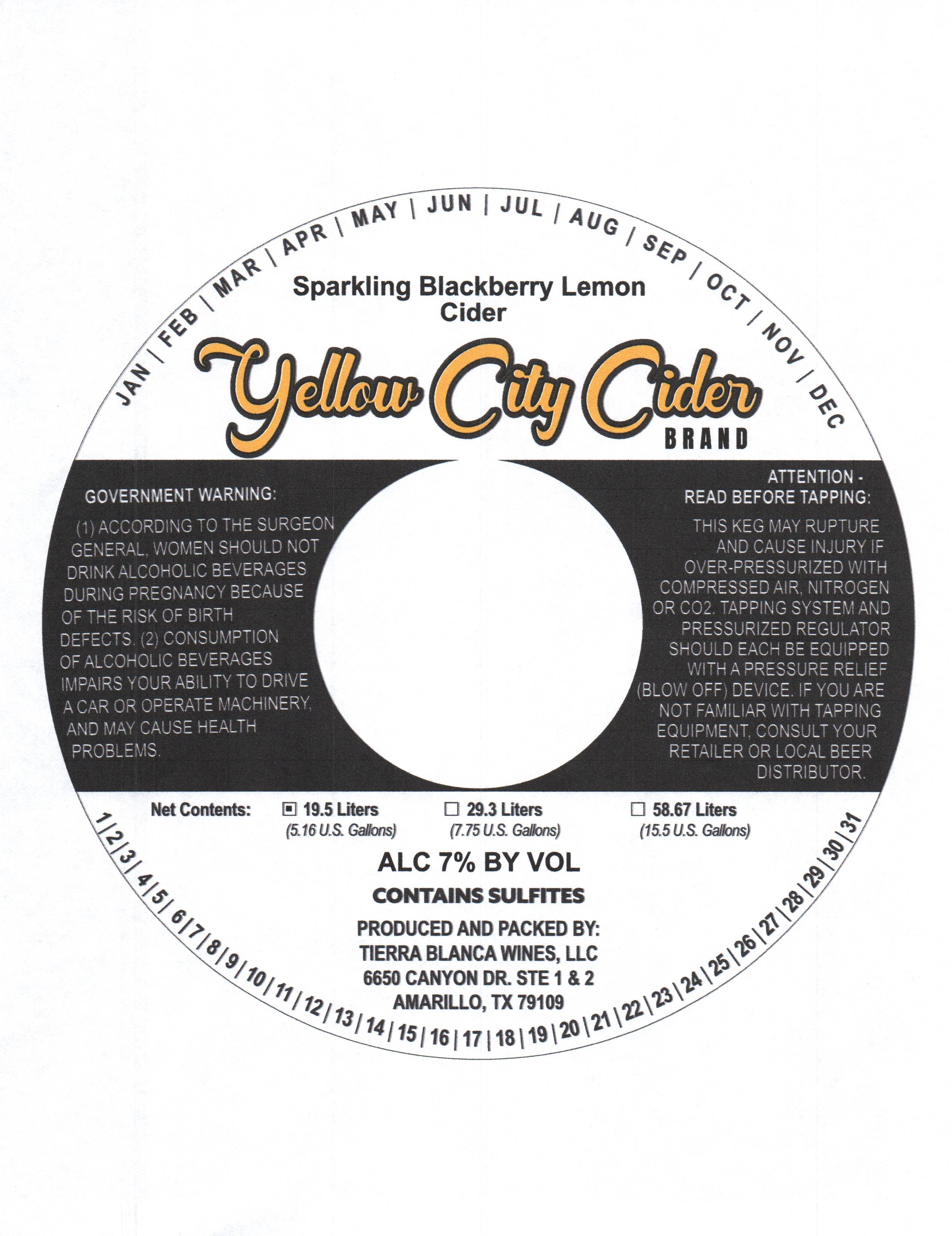 TABC label artwork for Yellow City Cider Sparkling Blackberry Lemon Cider