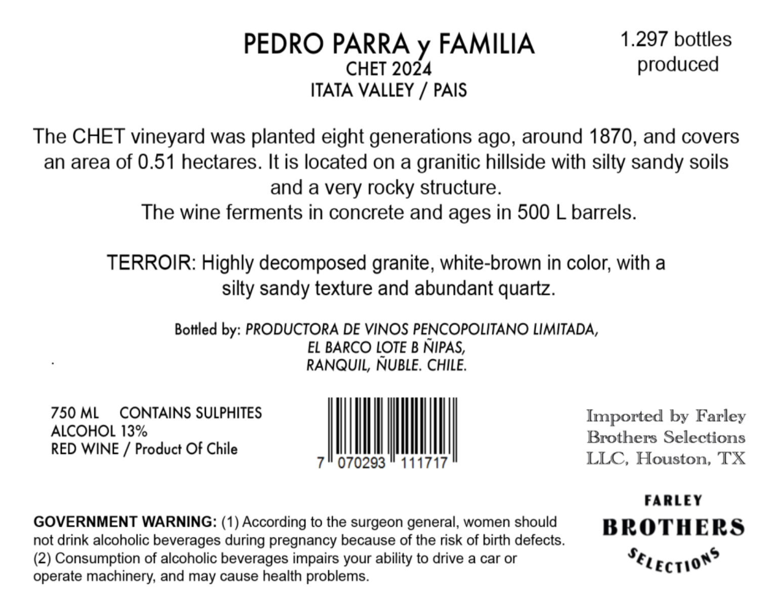 TABC label artwork for PEDRO PARRA CHET PAIS ITATA VALLEY