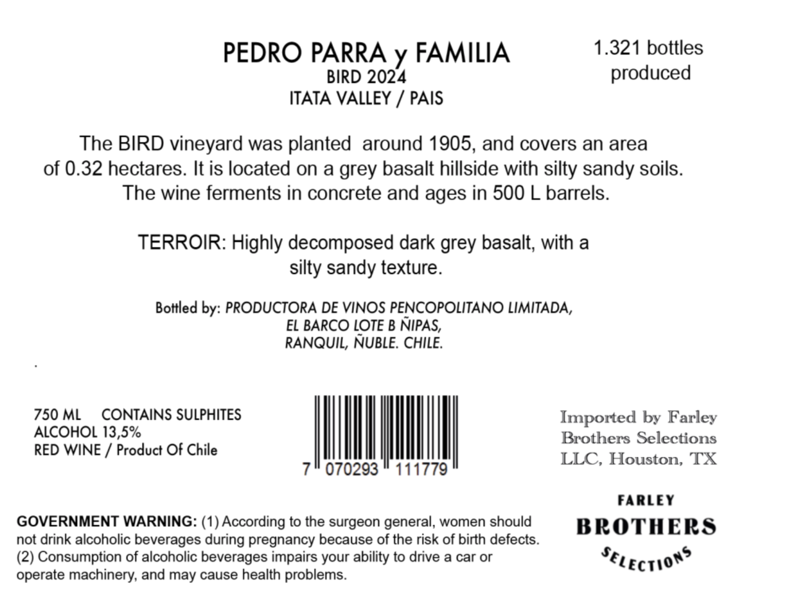 TABC label artwork for PEDRO PARRA BIRD PAIS ITATA VALLEY
