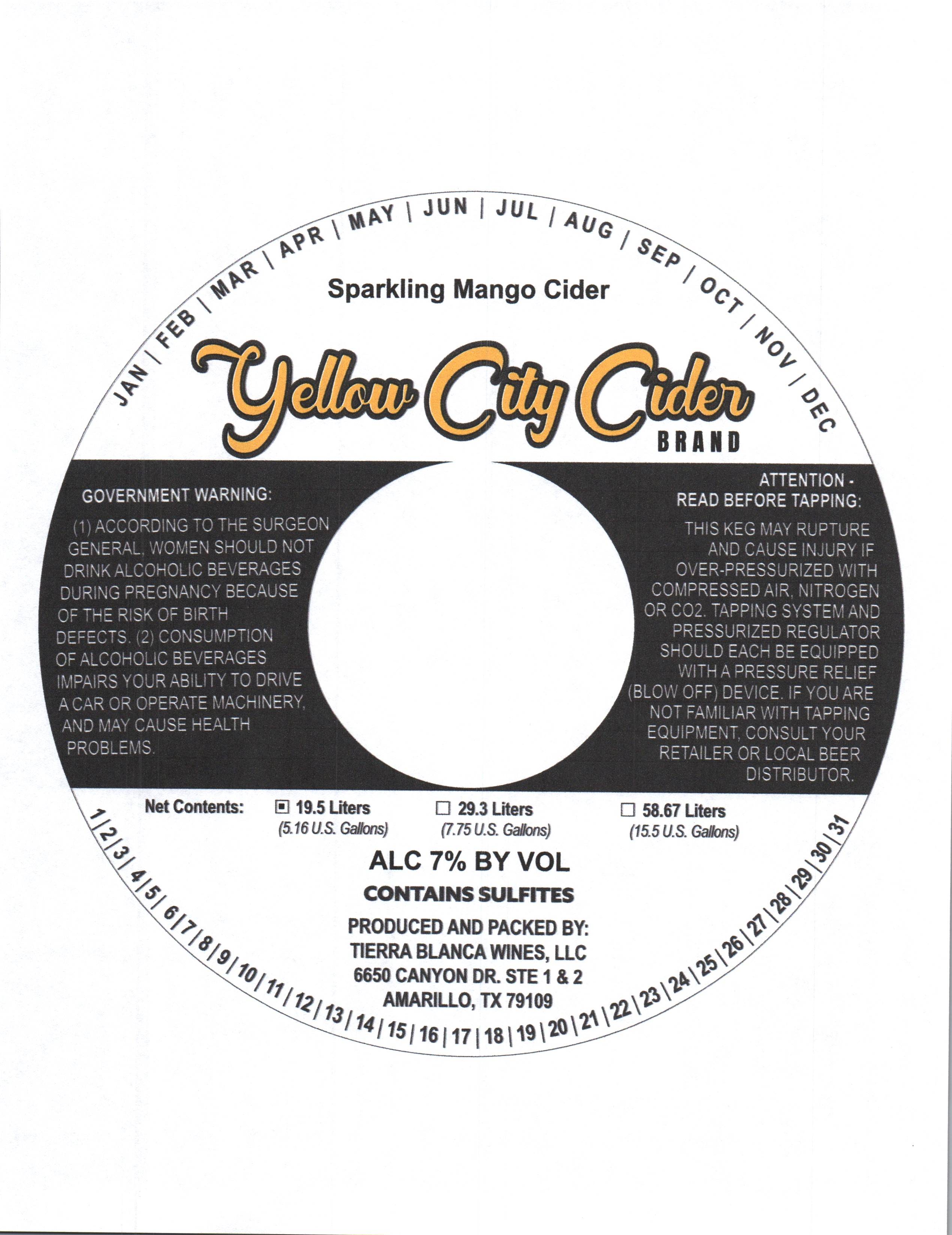 TABC label artwork for Yellow City Cider Sparkling Mango Cider