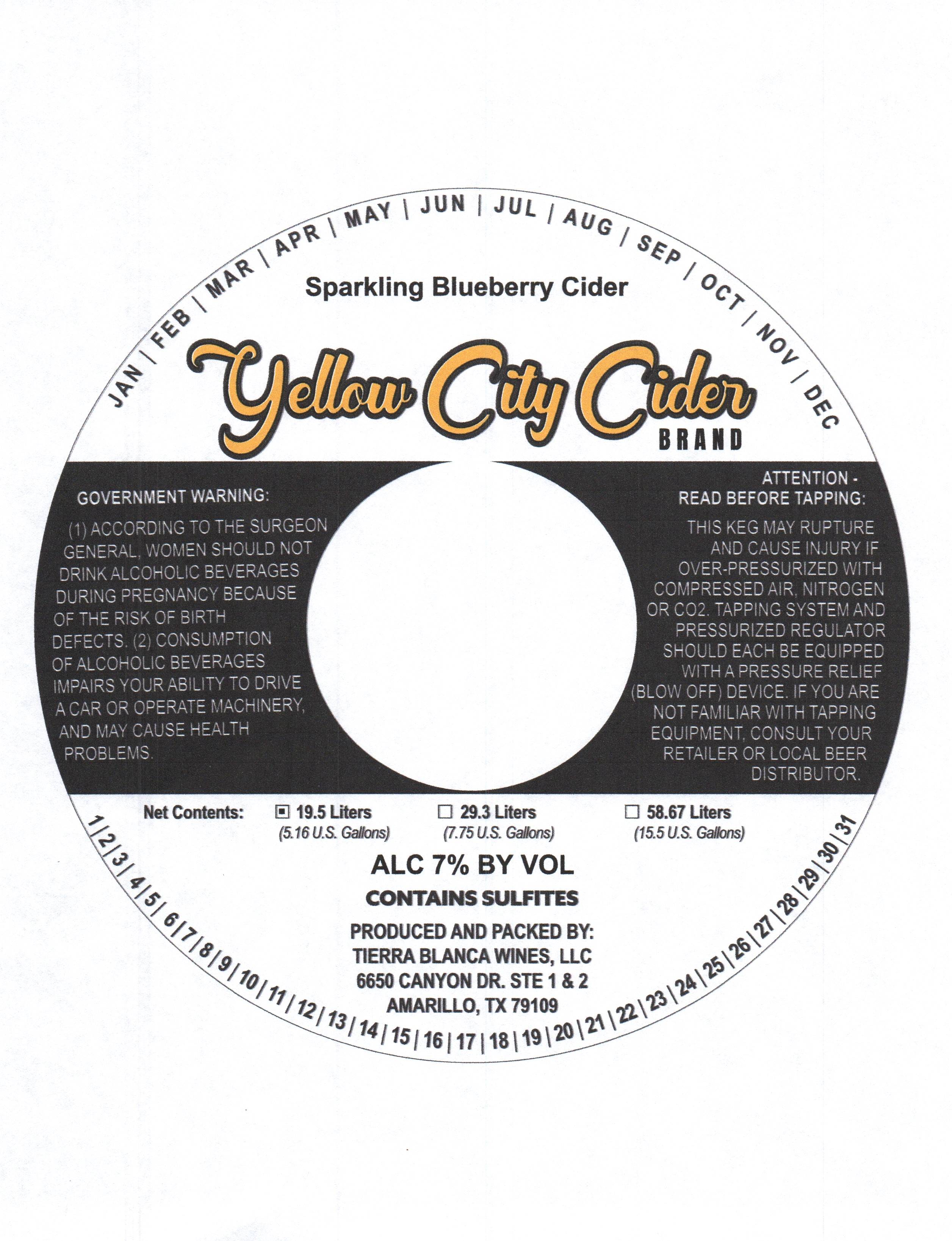 TABC label artwork for Yellow City Cider Sparkling Blueberry Cider