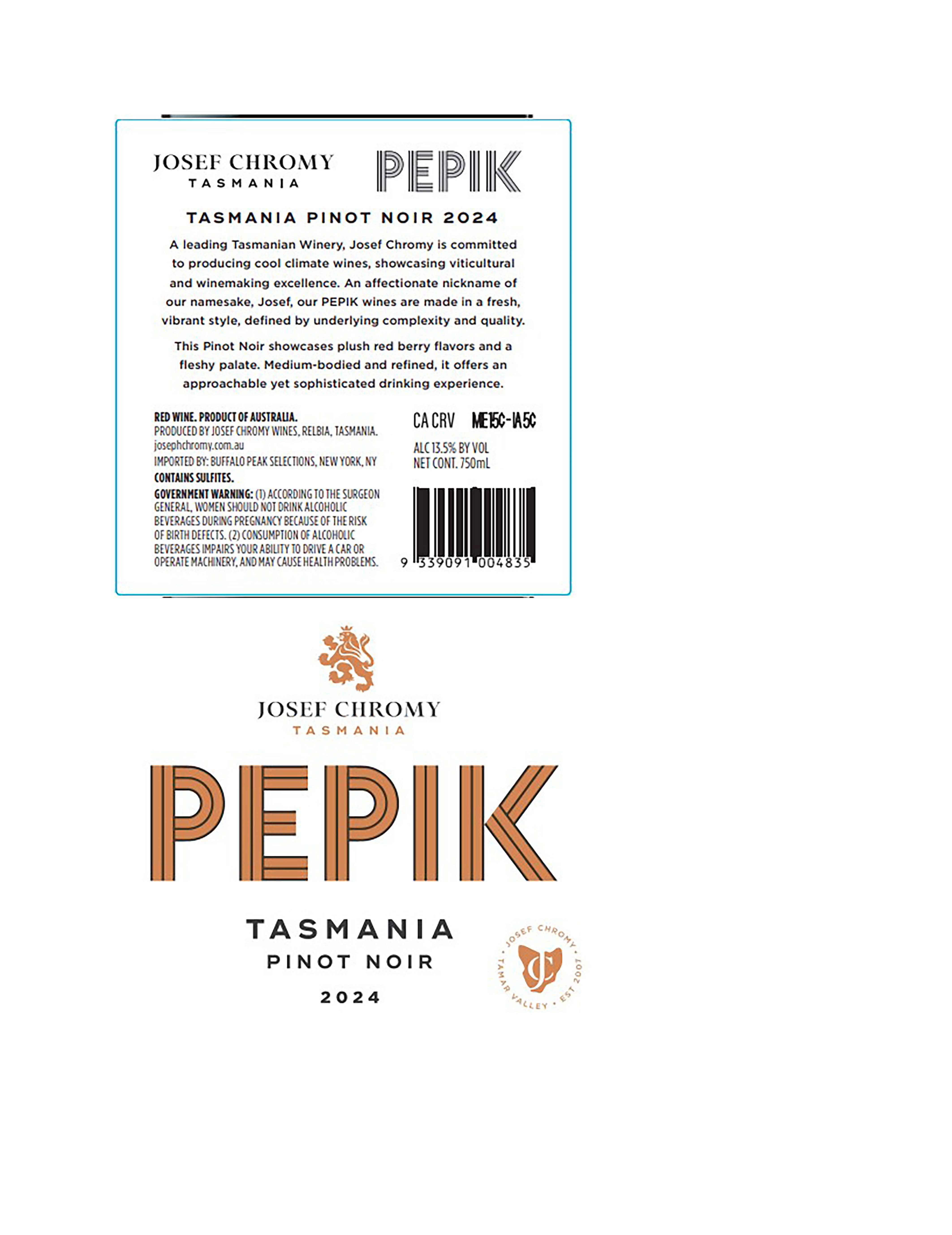 TABC label artwork for Josef Chromy Pepik Pinot Noir