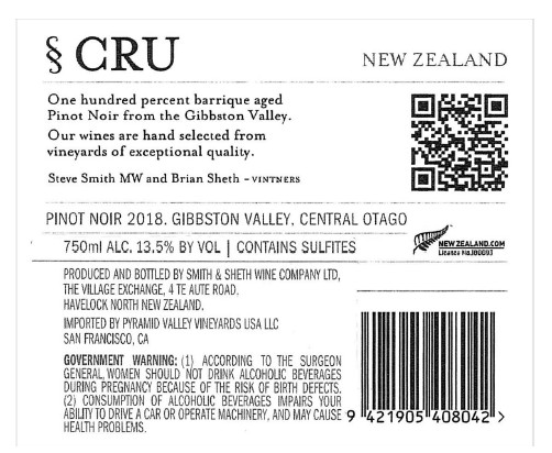 TABC label artwork for Smith & Sheth -Cru- Pinot Noir Kawarau Central Otago