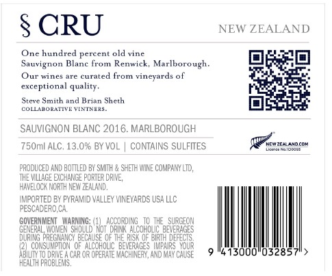 TABC label artwork for Smith & Sheth -Cru- Sauvignon Blanc Wairau