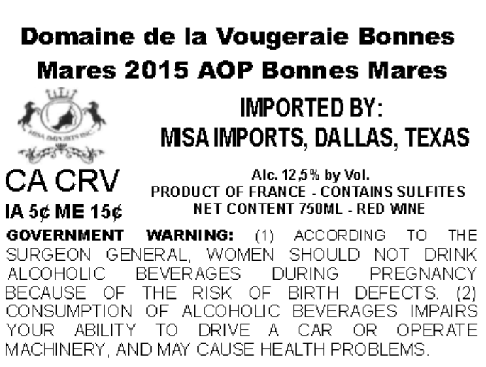 TABC label artwork for DOMAINE DE LA VOUGERAIE BONNES MARES