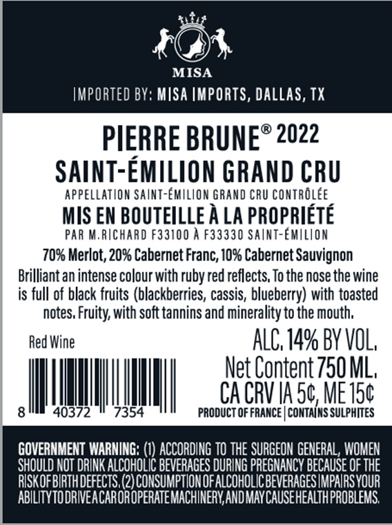 TABC label artwork for PIERRE BRUNE SAINT-EMILION GRAND CRU