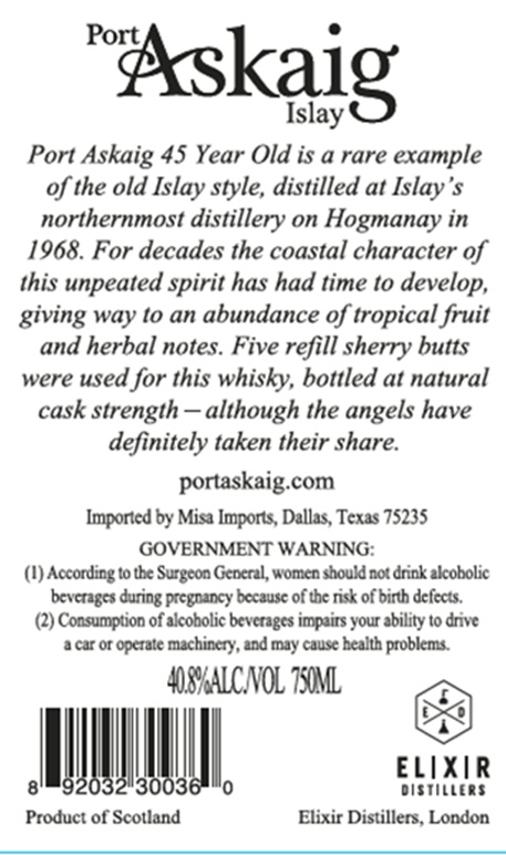 TABC label artwork for PORT ASKAIG AGED 45 YEARS ISLAY
