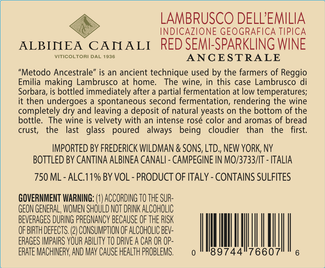 TABC label artwork for Albinea Canali Ancestrale Lambrusco dell'Emilia