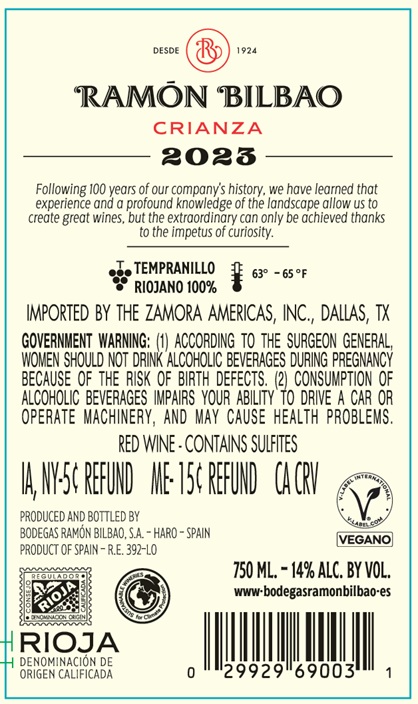 TABC label artwork for Ramon Bilbao Crianza 2023 Rioja