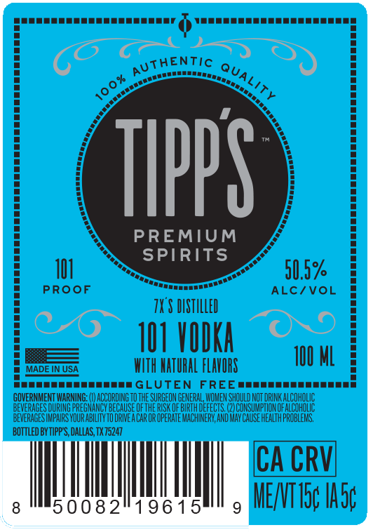 TABC label artwork for Tipp's 101 Vodka 100 ML