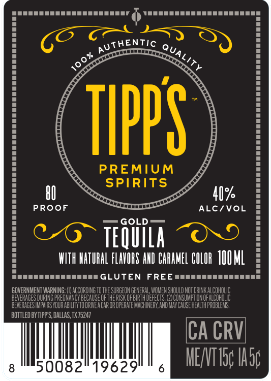 TABC label artwork for Tipp's Gold Tequila 100 ML
