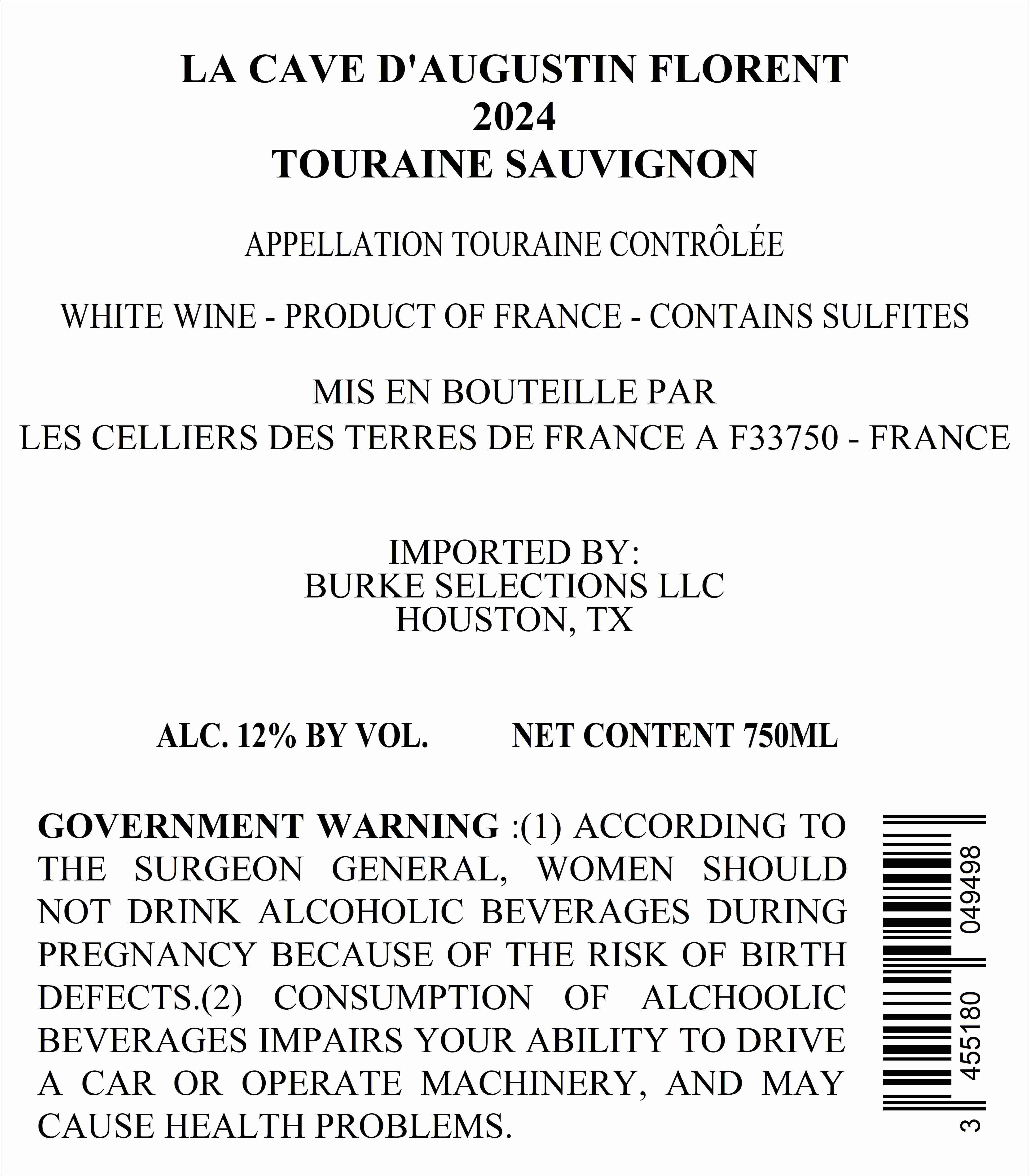 TABC label artwork for LA CAVE D'AUGUSTIN FLORENT TOURAINE SAUVIGNON