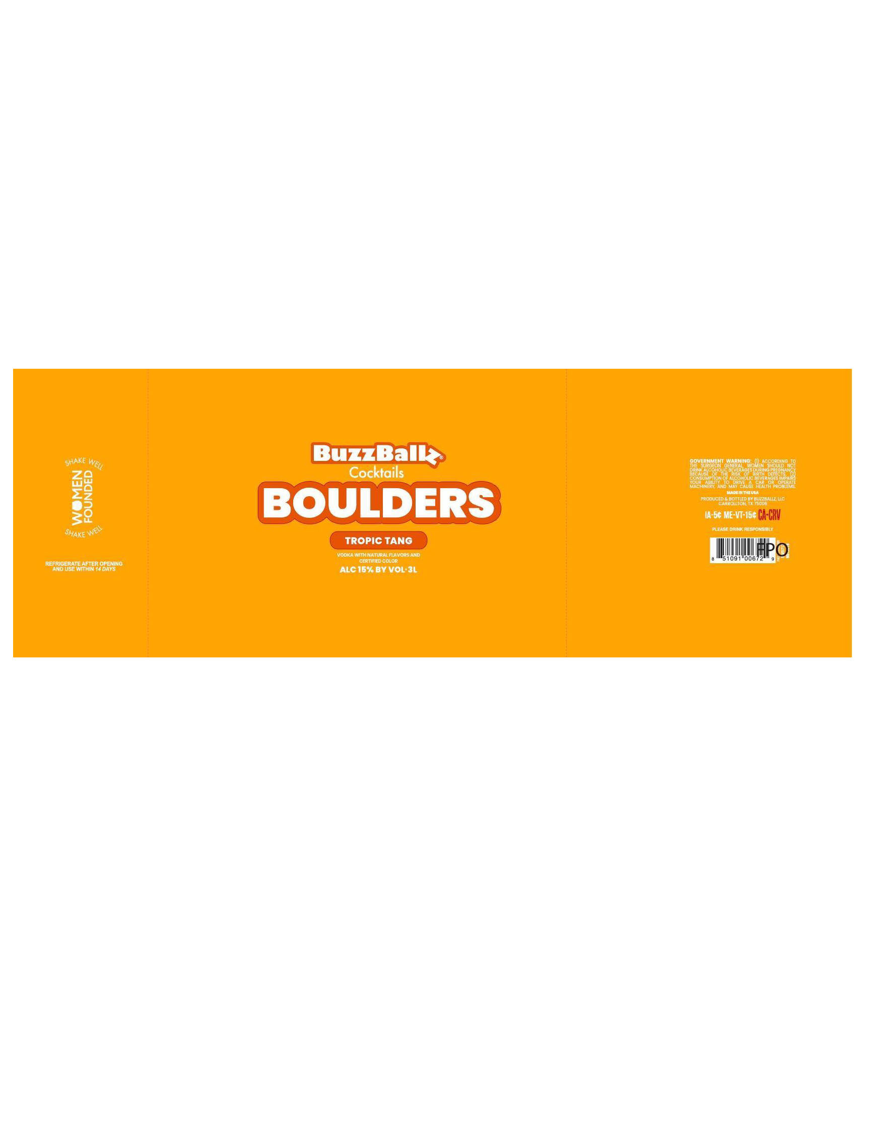 TABC label artwork for BuzzBallz Cocktails Boulders Tropic Tang