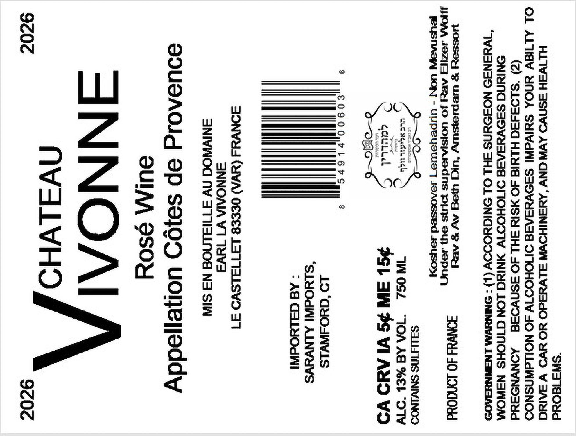 TABC label artwork for Chateau Vivonne Cotes De Provence Rose Kosher