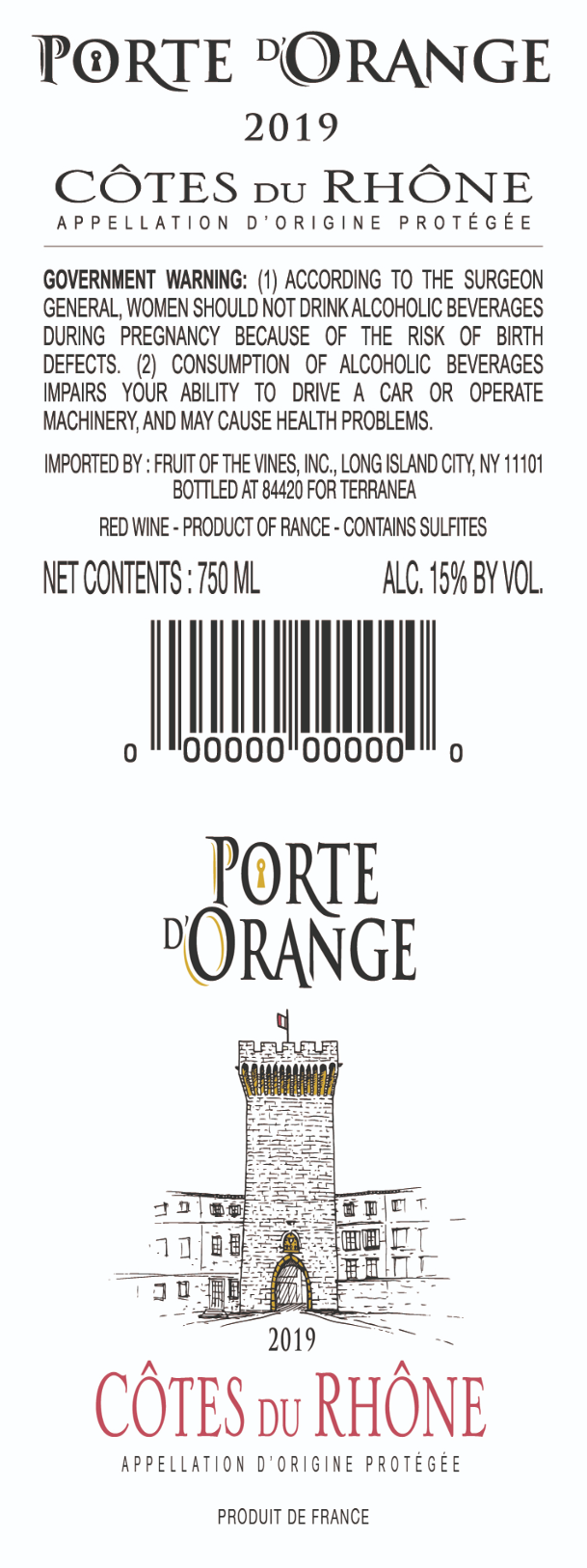 TABC label artwork for Porte D'Orange Cotes du Rhone Red