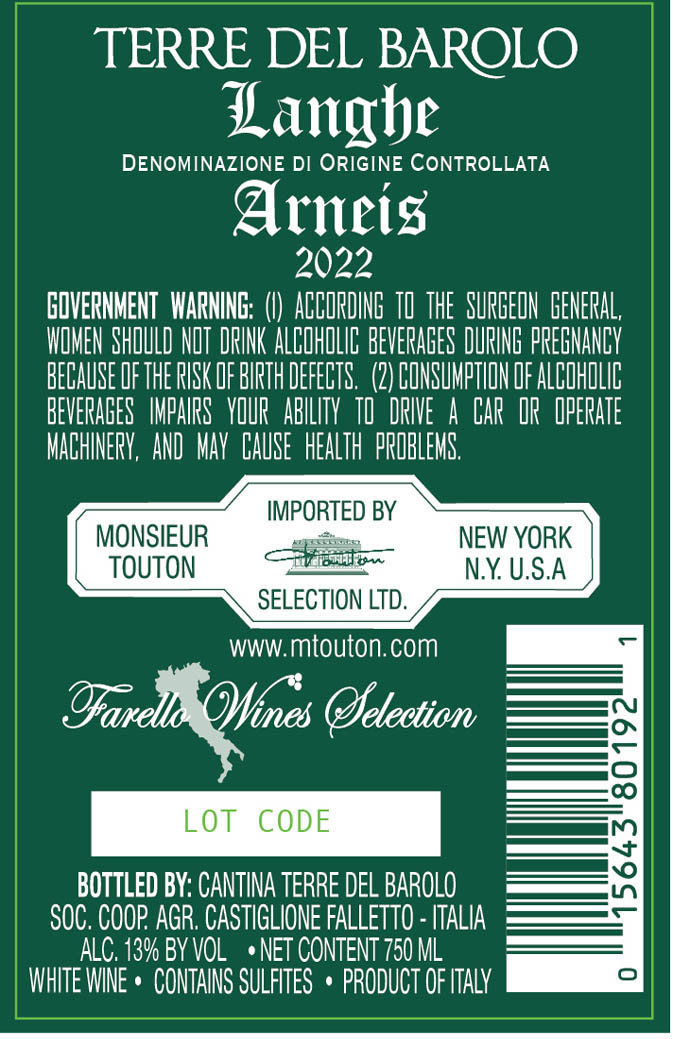 TABC label artwork for TERRE DEL BAROLO Arneis