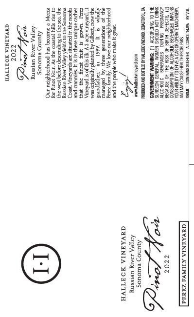 TABC label artwork for HALLECK VINEYARD PEREZ FAMILY VINEYARD PINOT NOIR