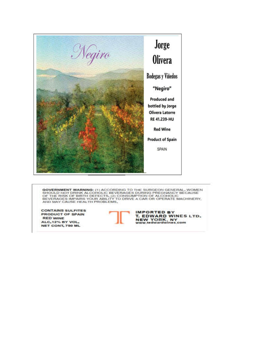 TABC label artwork for JORGE OLIVERA NEGIRO