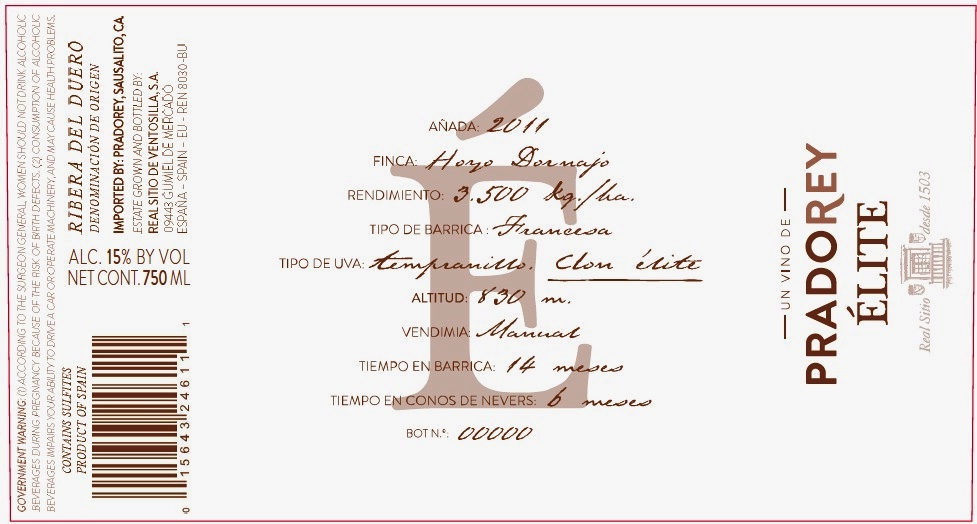 TABC label artwork for Pradorey Elite Tempranillo Ribera Del Duero