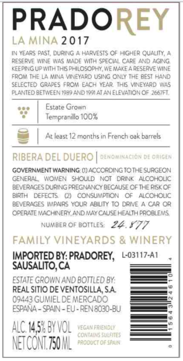 TABC label artwork for Pradorey Finca La Mina Reserva Tempranillo Ribera Del Duero