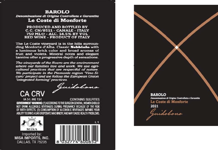 TABC label artwork for LE COSTE DI MONFORTE GUIDOBONO BAROLO
