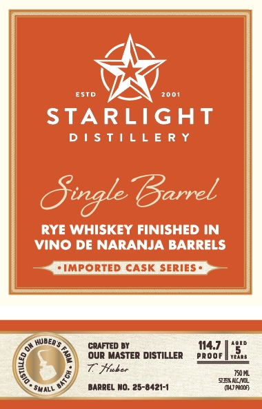 TABC label artwork for Starlight Distillery Rye Whiskey Finished in Vino De Naranja Barrels