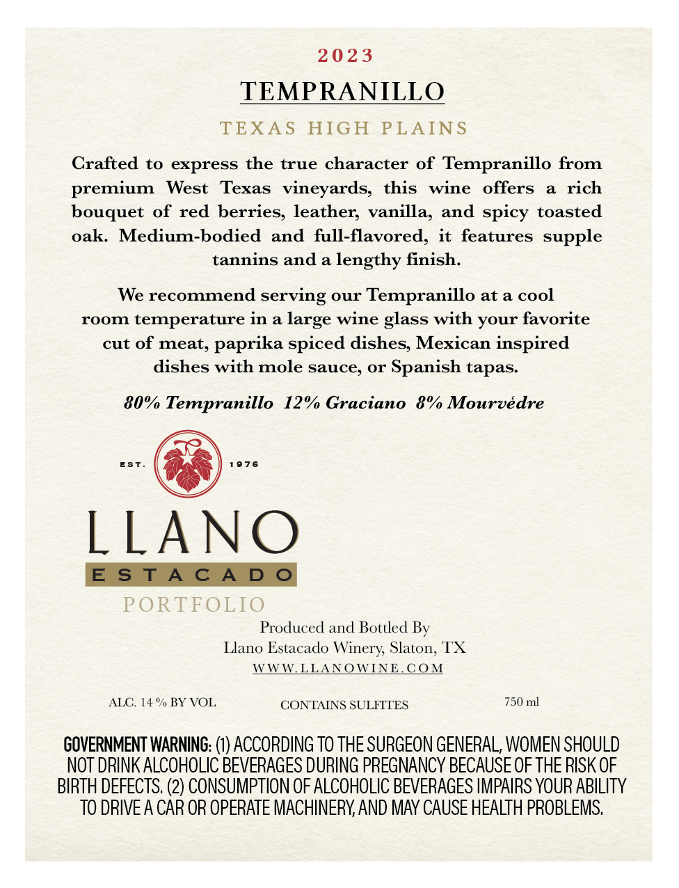 TABC label artwork for LLANO ESTACADO TEMPRANILLO GOODNIGHT