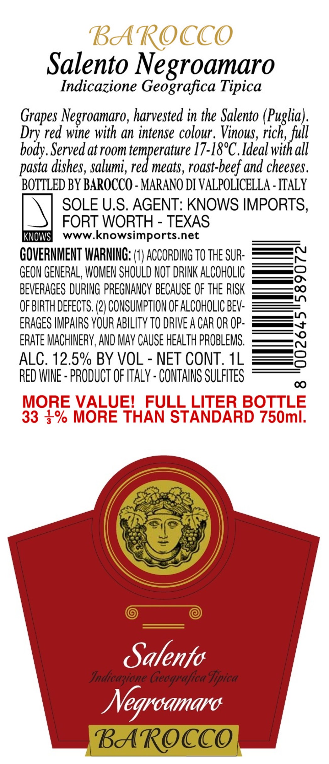 TABC label artwork for Barocco Negromaro Salento