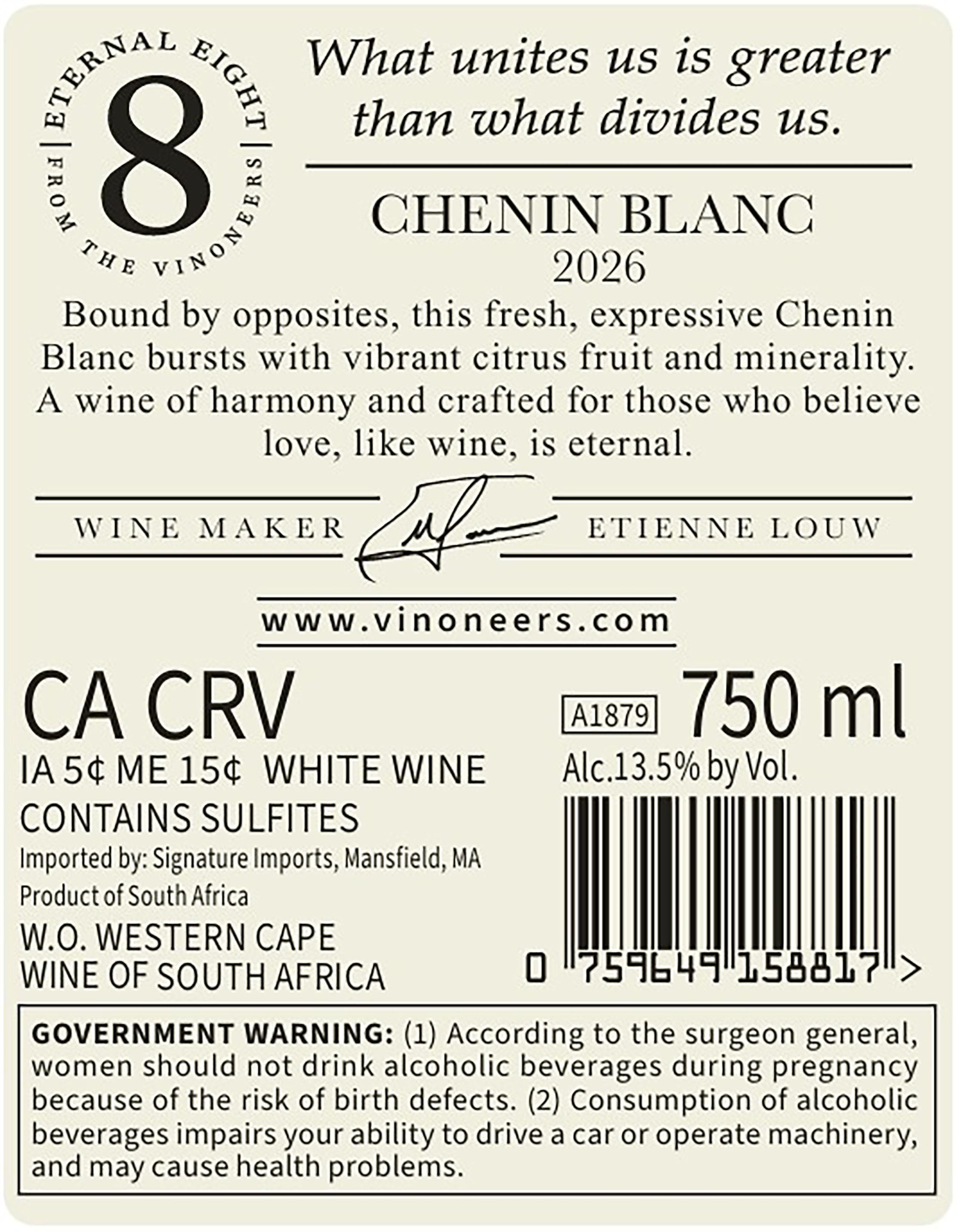 TABC label artwork for Eternal 8 Chenin Blanc