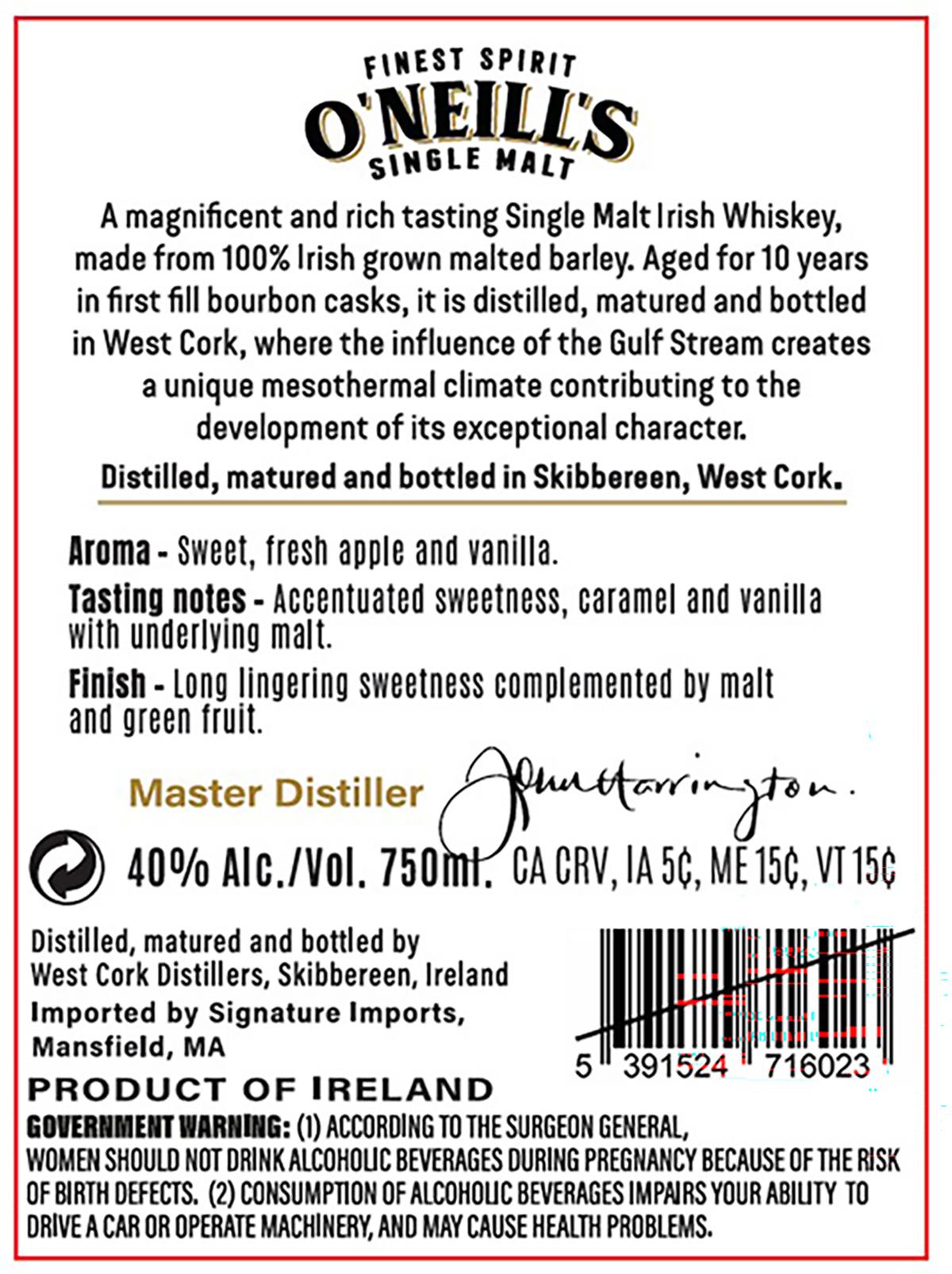 TABC label artwork for O'Neill's 10 Yr Single Malt Irish Whiskey