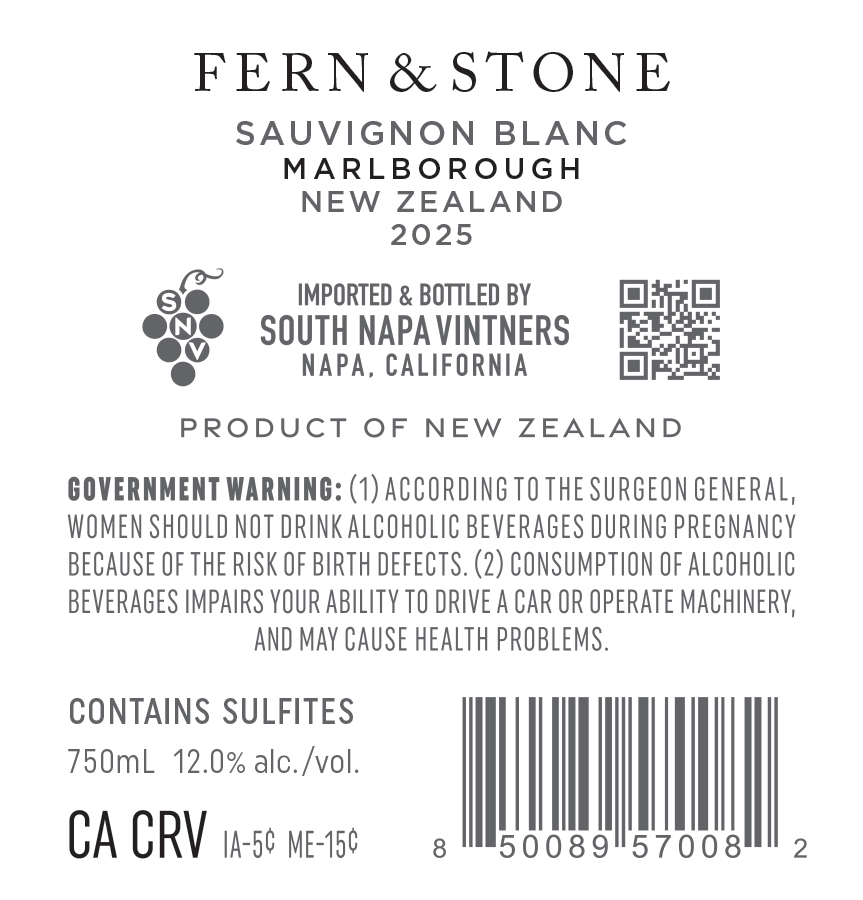 TABC label artwork for Fern & Stone Sauvignon Blanc, Marlborough New Zealand